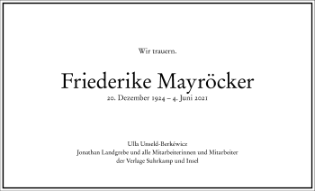 Traueranzeige von Friederike Mayröcker von Frankfurter Allgemeine Zeitung
