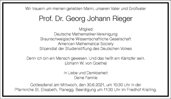 Traueranzeige von Georg Johann Rieger von Frankfurter Allgemeine Zeitung