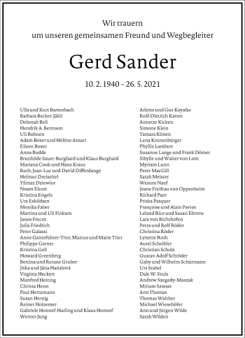 Traueranzeige von Gerd Sander von Frankfurter Allgemeine Zeitung