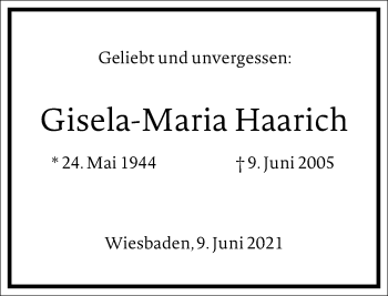 Traueranzeige von Gisela-Maria Haarich von Frankfurter Allgemeine Zeitung