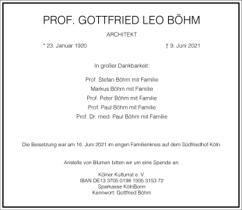 Traueranzeige von Gottfried Leo Böhm von Frankfurter Allgemeine Zeitung