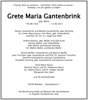 Traueranzeige von Grete Maria Gantenbrink von Frankfurter Allgemeine Zeitung