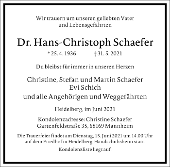 Traueranzeige von Hans-Christoph Schaefer von Frankfurter Allgemeine Zeitung