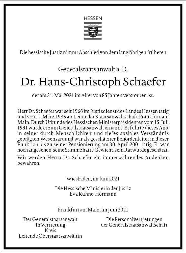  Traueranzeige für Hans-Christoph Schaefer vom 12.06.2021 aus Frankfurter Allgemeine Zeitung