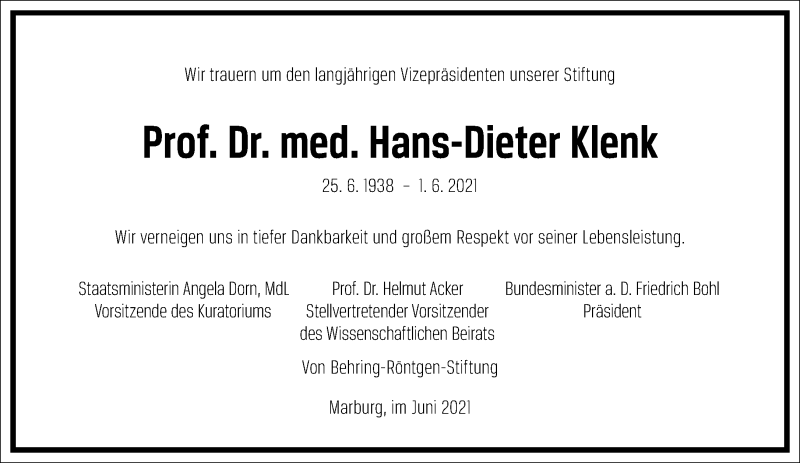  Traueranzeige für Hans-Dieter Klenk vom 12.06.2021 aus Frankfurter Allgemeine Zeitung