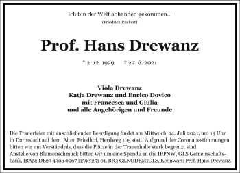 Traueranzeige von Hans Drewanz von Frankfurter Allgemeine Zeitung