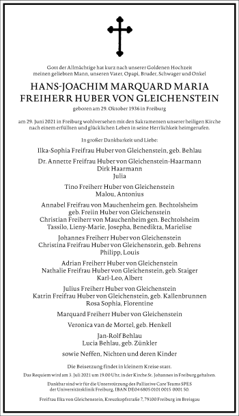 Traueranzeige von Hans-Joachim Huber von Gleichenstein von Frankfurter Allgemeine Zeitung