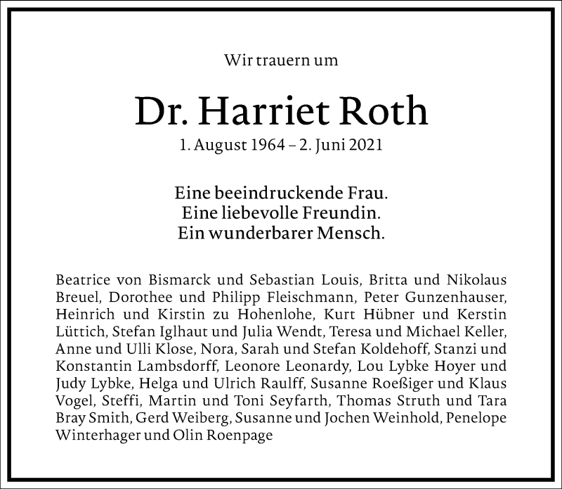  Traueranzeige für Harriet Roth vom 12.06.2021 aus Frankfurter Allgemeine Zeitung