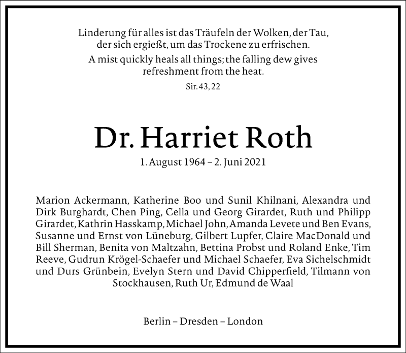  Traueranzeige für Harriet Roth vom 19.06.2021 aus Frankfurter Allgemeine Zeitung