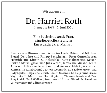 Traueranzeige von Harriet Roth von Frankfurter Allgemeine Zeitung