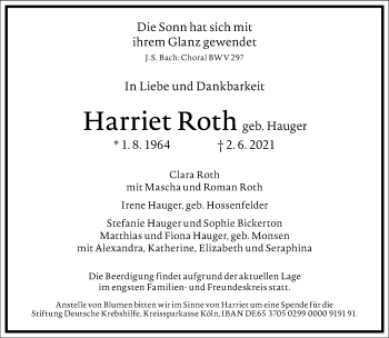 Traueranzeige von Harriet Roth von Frankfurter Allgemeine Zeitung