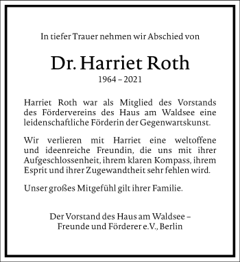 Traueranzeige von Harriet Roth von Frankfurter Allgemeine Zeitung