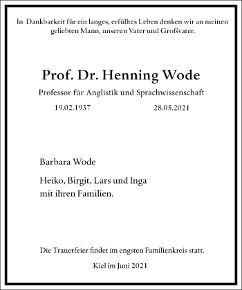 Traueranzeige von Henning Wode von Frankfurter Allgemeine Zeitung