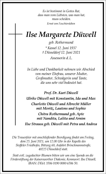 Traueranzeige von Ilse Margarete Düwell von Frankfurter Allgemeine Zeitung