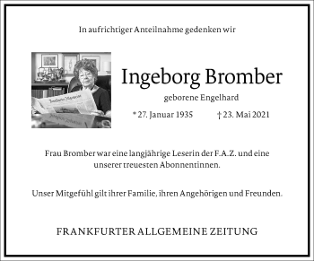 Traueranzeige von Ingeborg Bromher von Frankfurter Allgemeine Zeitung