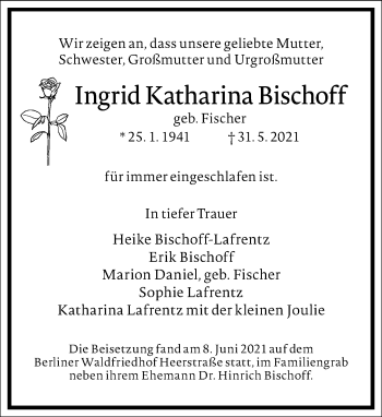 Traueranzeige von Ingrid Katharina Bischoff von Frankfurter Allgemeine Zeitung