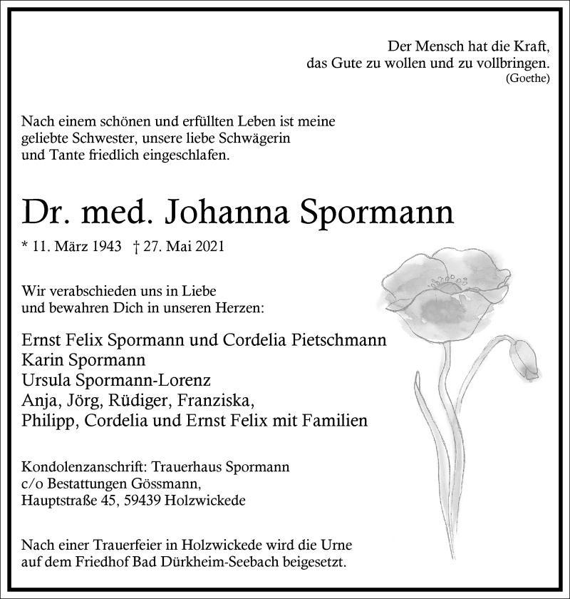  Traueranzeige für Johanna Spormann vom 05.06.2021 aus Frankfurter Allgemeine Zeitung