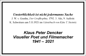 Traueranzeige von Klaus Dencker von Frankfurter Allgemeine Zeitung