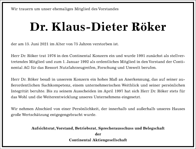  Traueranzeige für Klaus-Dieter Röker vom 21.06.2021 aus Frankfurter Allgemeine Zeitung