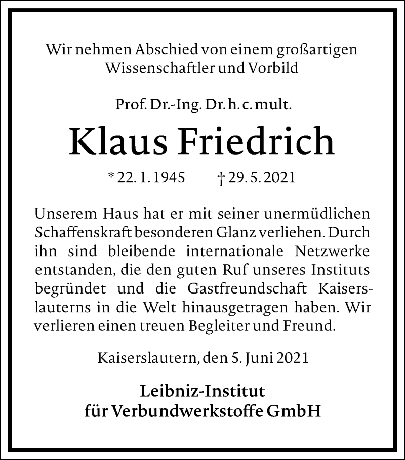  Traueranzeige für Klaus Friedrich vom 05.06.2021 aus Frankfurter Allgemeine Zeitung