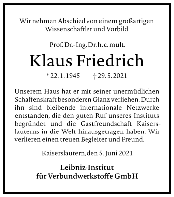 Traueranzeige von Klaus Friedrich von Frankfurter Allgemeine Zeitung