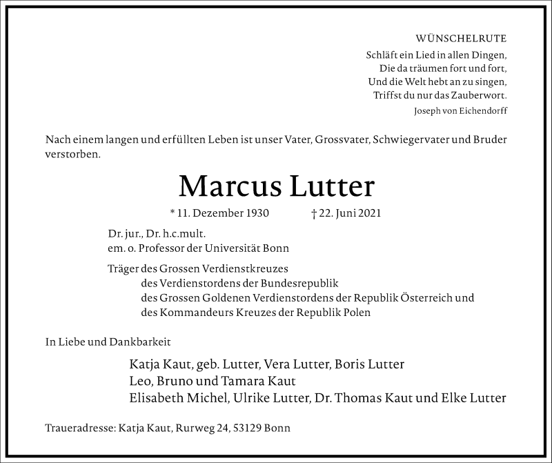  Traueranzeige für Marcus Lutter vom 26.06.2021 aus Frankfurter Allgemeine Zeitung
