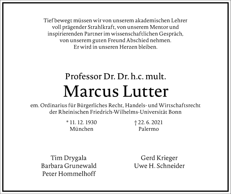  Traueranzeige für Marcus Lutter vom 26.06.2021 aus Frankfurter Allgemeine Zeitung