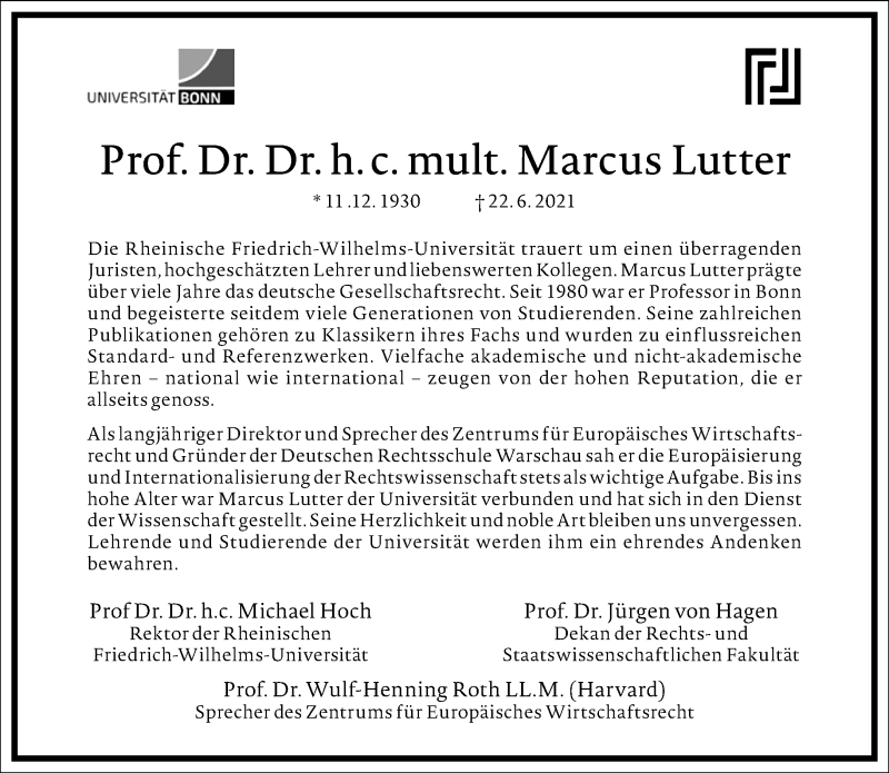  Traueranzeige für Marcus Lutter vom 03.07.2021 aus Frankfurter Allgemeine Zeitung