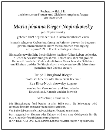 Traueranzeige von Maria Johanna Rieger-Nopirakowsky von Frankfurter Allgemeine Zeitung