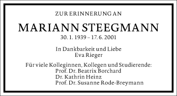Traueranzeige von Mariann Steegmann von Frankfurter Allgemeine Zeitung