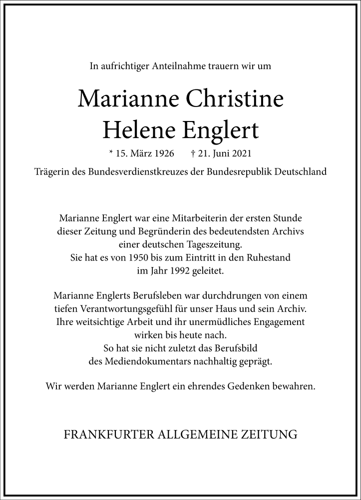  Traueranzeige für Marianne Englert vom 03.07.2021 aus Frankfurter Allgemeine Zeitung