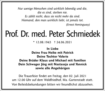 Traueranzeige von Peter Schmiedek von Frankfurter Allgemeine Zeitung