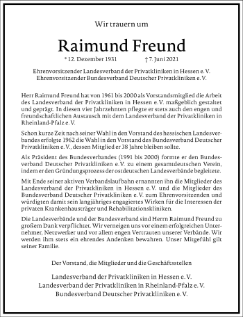 Traueranzeige von Raimund Freund von Frankfurter Allgemeine Zeitung
