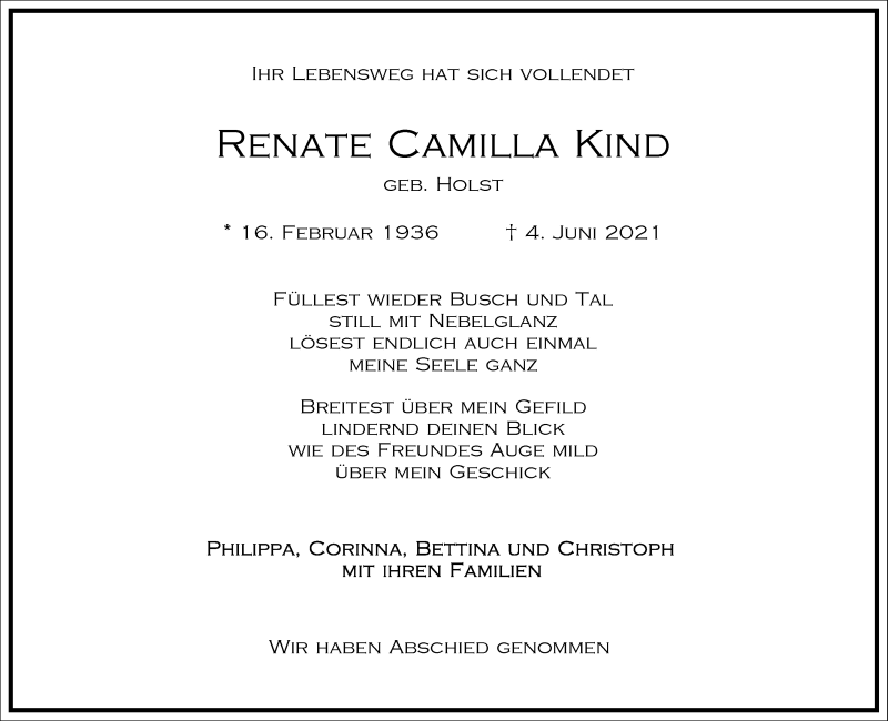  Traueranzeige für Renate Camilla Kind vom 26.06.2021 aus Frankfurter Allgemeine Zeitung