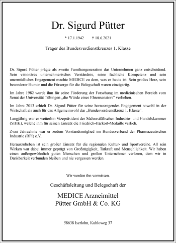 Traueranzeige von Sigurd Pütter von Frankfurter Allgemeine Zeitung