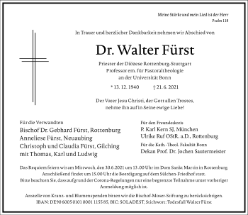 Traueranzeige von Walter Fürst von Frankfurter Allgemeine Zeitung