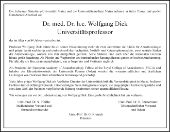 Traueranzeige von Wolfgang Dick von Frankfurter Allgemeine Zeitung