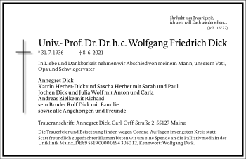 Traueranzeige von Wolfgang Friedrich Dick von Frankfurter Allgemeine Zeitung