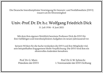 Traueranzeige von Wolfgang Friedrich Dick von Frankfurter Allgemeine Zeitung