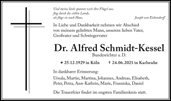 Traueranzeige von Alfred Schmidt-Kessel von Frankfurter Allgemeine Zeitung