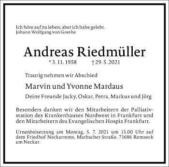 Traueranzeige von Andreas Riedmüller von Frankfurter Allgemeine Zeitung