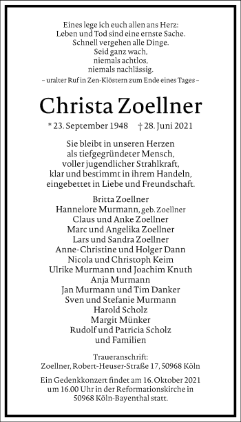 Traueranzeige von Christa Zoellner von Frankfurter Allgemeine Zeitung