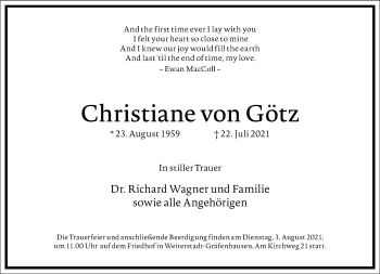 Traueranzeige von Christiane von Götz von Frankfurter Allgemeine Zeitung