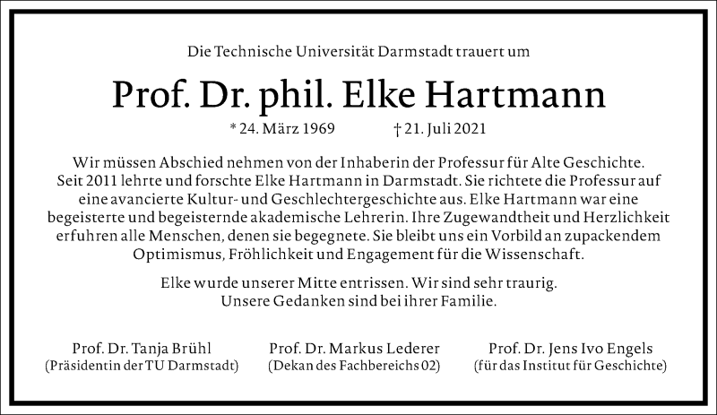  Traueranzeige für Elke Hartmann vom 28.07.2021 aus Frankfurter Allgemeine Zeitung