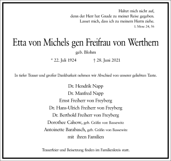 Traueranzeige von Etta von Michels gen Freifrau von Werthern von Frankfurter Allgemeine Zeitung