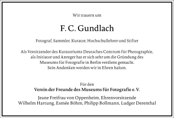 Traueranzeige von F. C. Gundlach von Frankfurter Allgemeine Zeitung