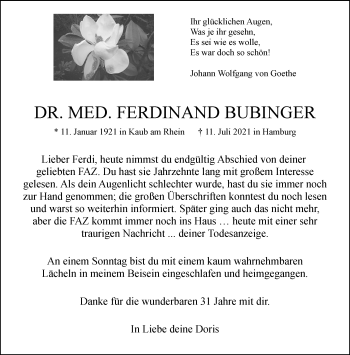 Traueranzeige von Ferdinand Bubinger von Frankfurter Allgemeine Zeitung