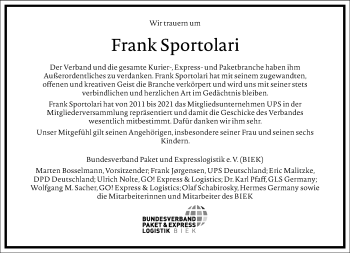 Traueranzeige von Frank Sportolari von Frankfurter Allgemeine Zeitung