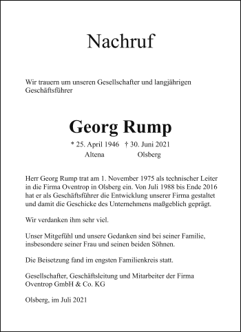 Traueranzeige von Georg Rump von Frankfurter Allgemeine Zeitung