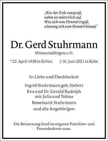 Traueranzeige von Gerd Stuhrmann von Frankfurter Allgemeine Zeitung